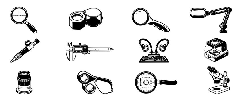 Scientific Tools Collection: Magnifiers, Calipers, Microscope