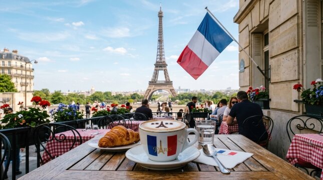 Eiffel tower parisian cafe scene with croissant and coffee