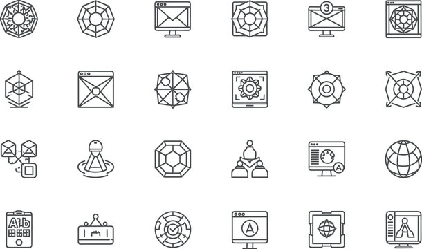 Graphic digital design studio software line icon set featuring minimal layout geometry prototyping web development interface UI vector symbols