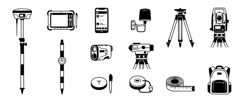 Surveying Equipment Icons: GPS, Total Station, Tripod, Tape Measure