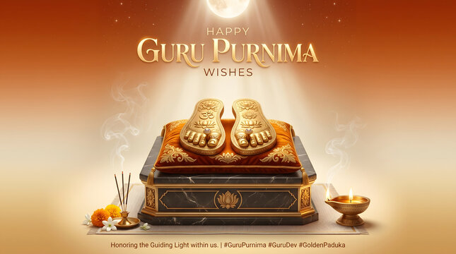 Guru Purnima celebration illuminated guru paduka with diya and moon devotional spiritual greeting card design