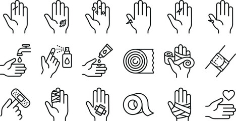  Hand injury and first aid line vector icons set of wound care treatment bandage cuts splinters ointment application symbols © SALMA