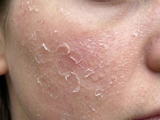 Fototapeta premium A close-up view of a person's facial skin showing significant flaking, peeling, and dryness.