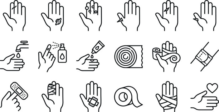 Hand injury and first aid line vector icons set of wound care treatment bandage cuts splinters ointment application symbols