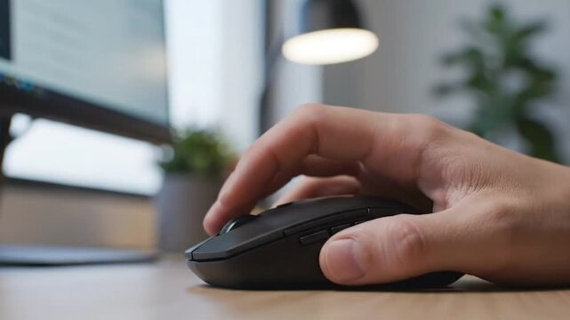 Close-up of a hand rolling the scroll wheel on a computer mouse while working at a desk