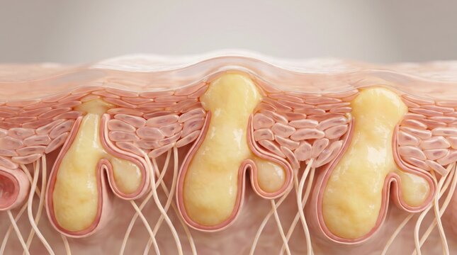 A detailed 3D microscopic visualization of human skin layers showing fat cells and tissue structures.