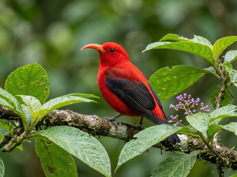Vibrant red Iiwi bird perched on a mossy branch, exotic Hawaiian honeycreeper in a lush tropical rainforest, scarlet plumage with black wings