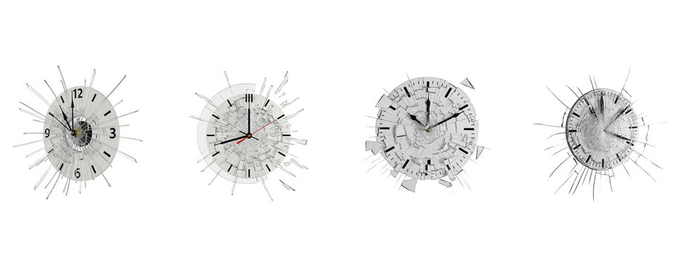 Four isolated white clocks with shattered glass faces on black background