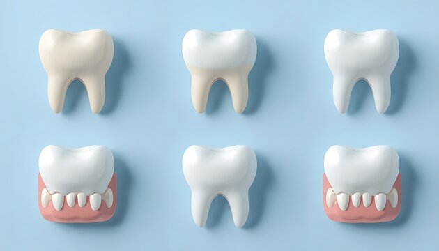 Six white 3D printed teeth models with gums on a light blue background, incisors