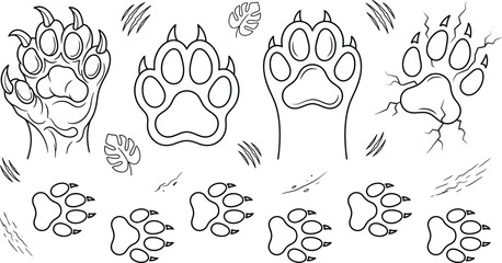 Animal paw print icon set vector outline collection of wild beast monster claw mark scratches monstera leaf elements. © MDSAIFUL