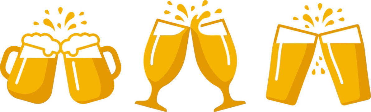 Set of three flat vector beer glass toast icons representing celebration cheers and festive alcoholic beverage drinking culture