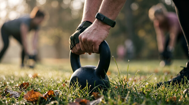 Kettlebell training session in a park during morning workout, fitness, strength, gym, exercise, athlete