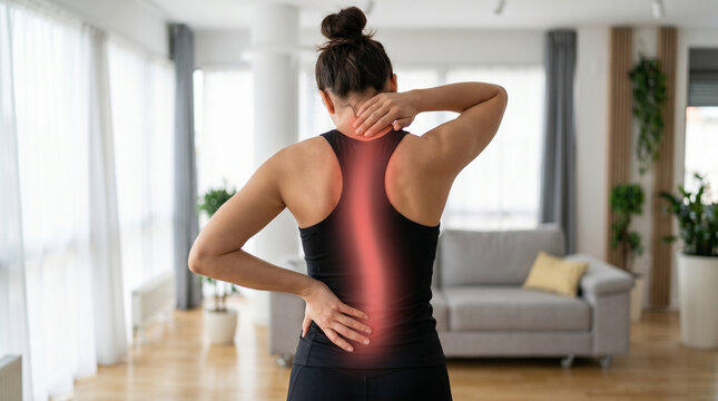 Woman touching painful lower back and neck, symbolizing chronic pain, injury, and body tension.