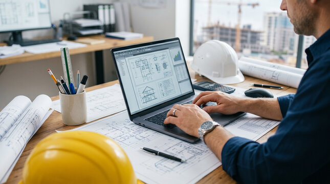 Construction professional reviewing CAD drawings, symbolizing technical planning and architectural precision.
