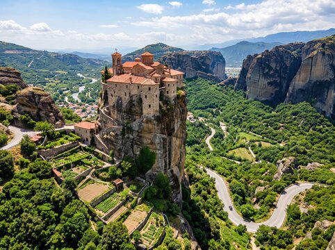 Meteora monastery perched on sandstone rock pillar, ancient orthodox christian church in Greece, scenic mountain landscape with lush green valley