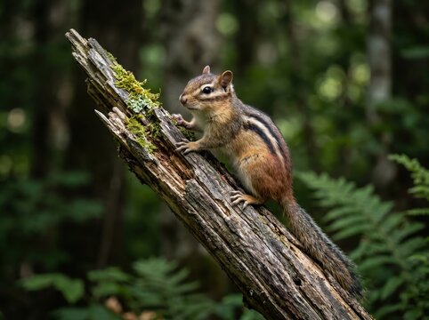 Eastern chipmunk perched on a mossy log in the forest, wild chipmunk on a dead tree branch, small striped ground squirrel in a lush woodland habitat