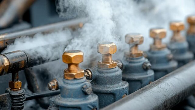 A close-up view shows industrial engine valves releasing white steam during mechanical operation.