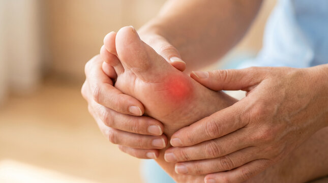 Red highlighted toe pain close-up, symbolizing gout attack, inflammation, and podiatry care.