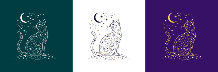 International cat day banner template, mystical cosmic cat constellation with crescent moon and stars vector illustration set © Seriously