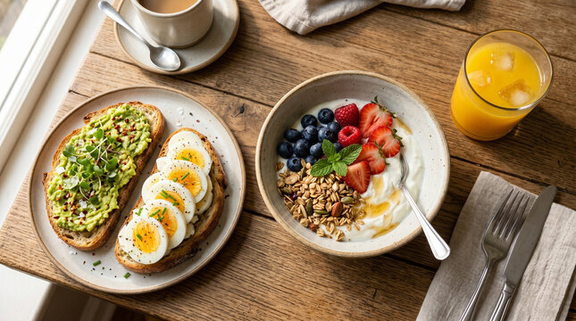 Nutritious breakfast with eggs, berries, granola, coffee, and juice, symbolizing wellness and mindful eating.