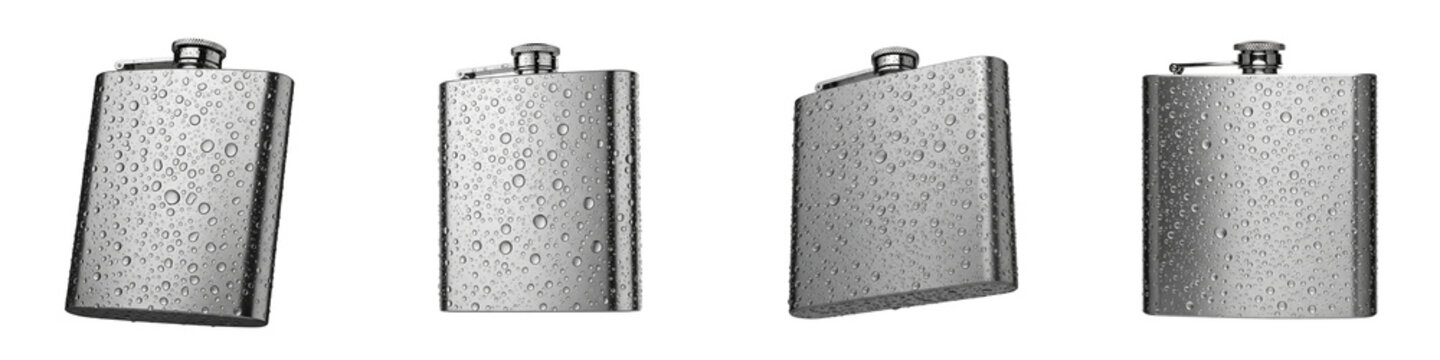 Four metallic hip flasks with water drops isolated on a black background
