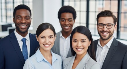 Fototapeta premium A group of five business professionals standing in an office setting, smiling and looking at the camera.