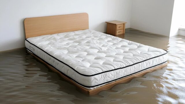 A wooden bed frame and mattress sitting in the middle of a flooded room with murky brown water.