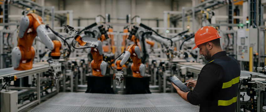 Industrial worker monitoring automation machines through a digital tablet in a smart manufacturing facility, supporting production control, equipment monitoring and industrial operations management.