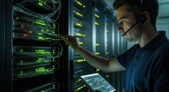 A man in a dark blue polo shirt is working on a server in a dimly lit server room with multiple servers and cables visible.