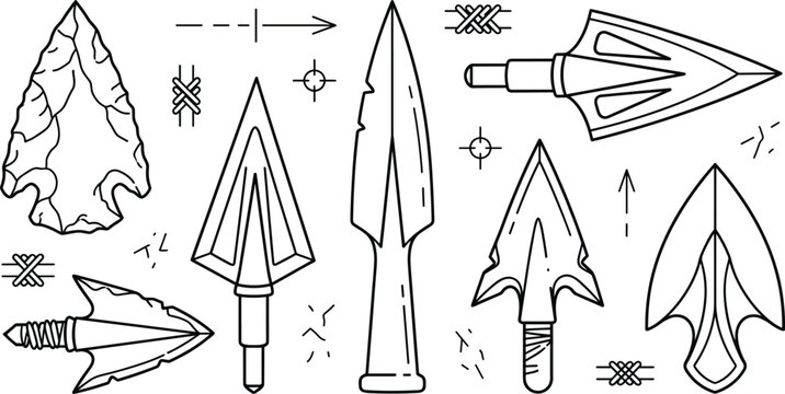 Arrowhead and broadhead icon set vector outline collection of primitive flint stone spearhead archery hunting weapon tip elements.