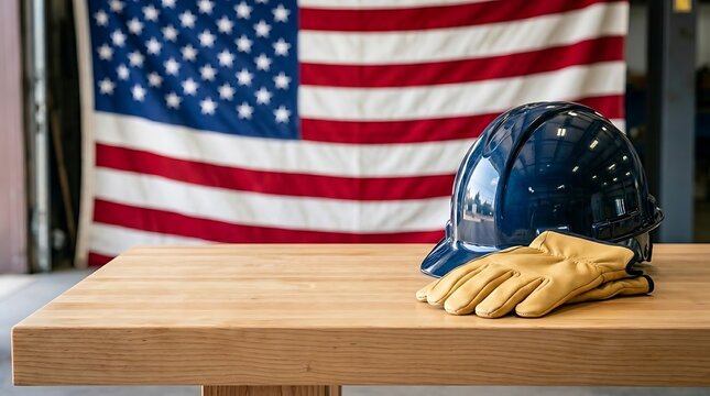 American Flag Backdrop, Blue Hard Hat, and Leather Work Gloves on Wooden Table. Construction Safety Equipment, Labor Day, Patriotism, Industrial Worker Concept.