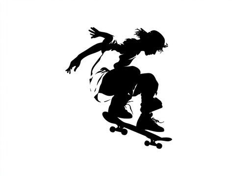 skateboarding. Teenage boy or skateboarder riding skateboard. Male cartoon character isolated on white background. Flat vector illustration.Flat Silhouette vector illustration on white background.
