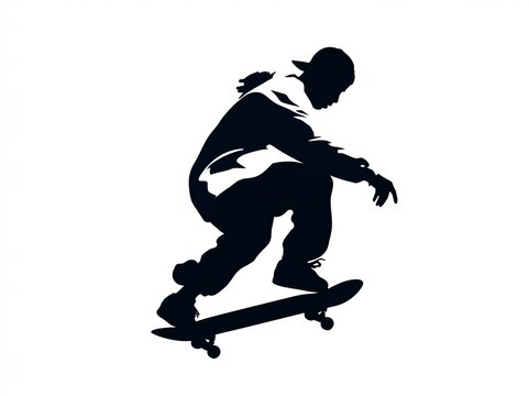 skateboarding. Teenage boy or skateboarder riding skateboard. Male cartoon character isolated on white background. Flat vector illustration.Flat Silhouette vector illustration on white background.
