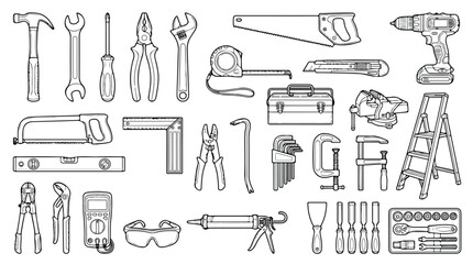 Hand tools line art collection, construction and carpentry equipment icons, professional repair and diy hardware vector set on white background © chouadhrynuman