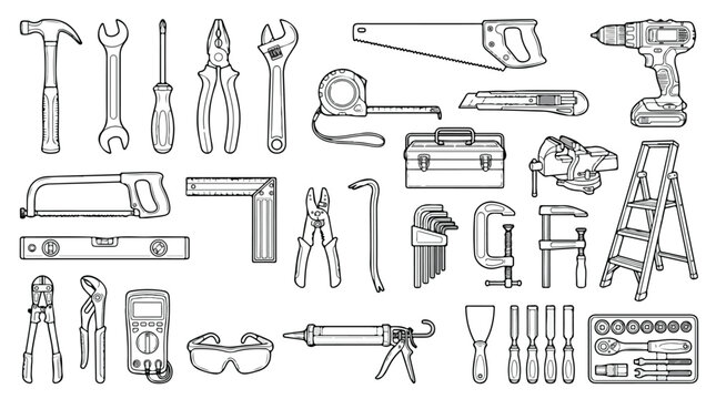 Hand tools line art collection, construction and carpentry equipment icons, professional repair and diy hardware vector set on white background