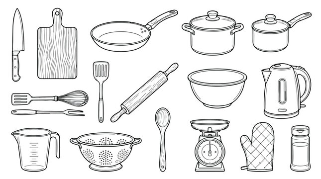 Minimalist kitchen utensils line art set, 18 cooking equipment icons vector, black and white culinary tools for recipe books and restaurant menus