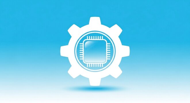 A white and blue gear icon with a computer chip in the center, set against a gradient blue background.