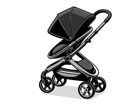 Baby stroller, illustration, vector on a white background. Modern, practical baby stroller for carrying a child in a sitting position, black. Baby stroller in a flat cartoon style.