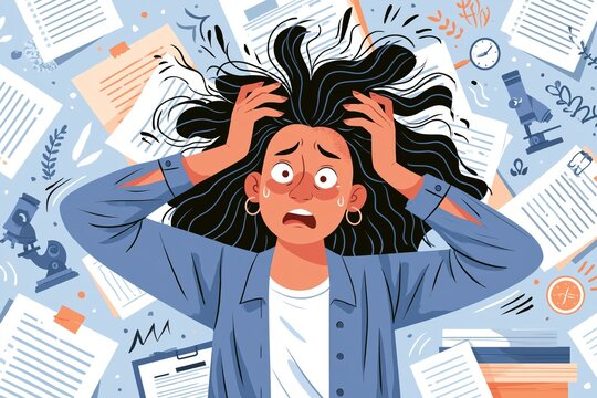 Information overload or job burnout with stress and chaos tiny person concept. Busy businessman with panic about many duties and tasks vector illustration. Ineffective multitasking with work anxiety.