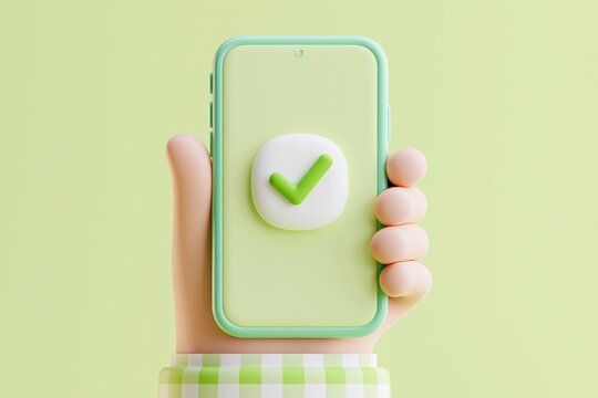 3d cute Hand holds smartphone and set a check mark on the screen illustration. Green check mark icon. Tick symbol in green color. Modern mockup. Illustration 3D icon free to edit.
