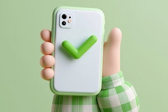 3d cute Hand holds smartphone and set a check mark on the screen. Vector illustration. Green check mark icon. Tick symbol in green color. Modern mockup. Vector illustration 3D icon free to edit.