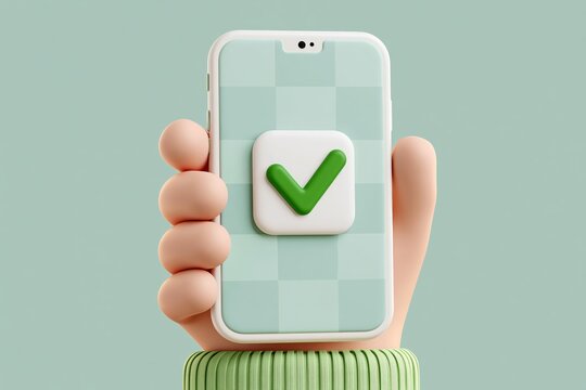 3d cute Hand holds smartphone and set a check mark on the screen illustration. Green check mark icon. Tick symbol in green color. Modern mockup. Illustration 3D icon free to edit.