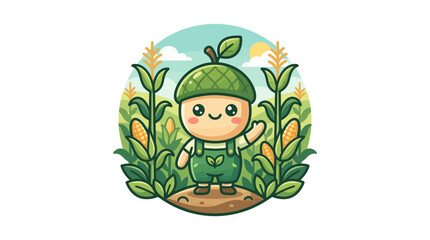 Fototapeta premium Cute Acorn Farmer Character in Corn Field Mascot Illustration