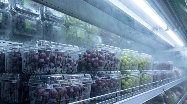 Rows of fresh red and green grapes in clear plastic containers stacked on refrigerated supermarket shelves with misting system.