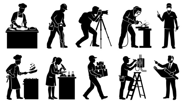 Professional Occupation Silhouette Collection Featuring Diverse Worker Roles and Grainy Noise Grungy Texture Effects