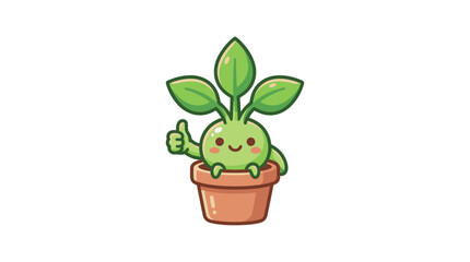 Fototapeta premium Cute Cartoon Plant Character Giving a Thumbs Up in a Pot