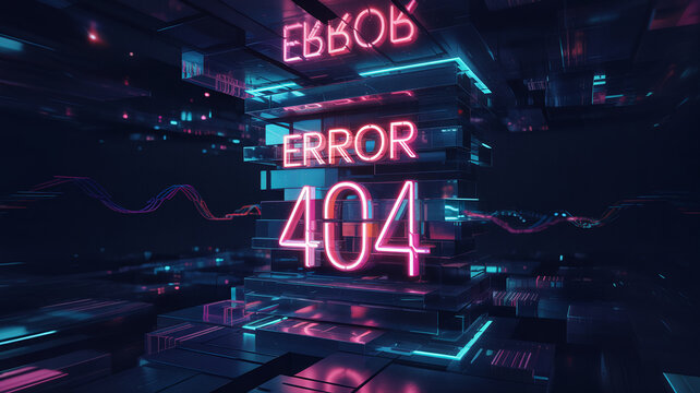 Error 404 neon pink text on dark futuristic cyberpunk background with blue lights