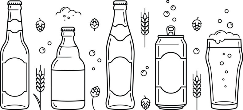 Beer bottle can glass icon set vector outline collection for brewery pub bar menu alcohol drink beverage elements.