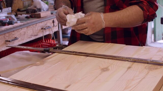 Joinery occupation. Furniture assembly. Male carpenter hand cleaning wet glue with cloth from wood panel tightened with bar clamps.