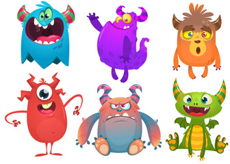 Naklejka premium Happy cartoon monsters with different face expressions. Set of cartoon vector funny and scary monsters characters design isolated on white